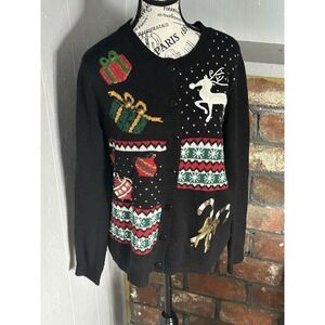 Women Holiday Traditions Christmas Button Up Ugly Sweater  M Reindeer festive